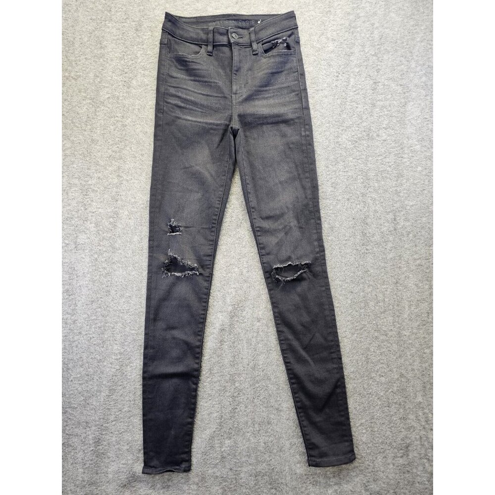 American Eagle Jeans Womens Size 2 X Long Black Distressed Super Hi Rise Jegging